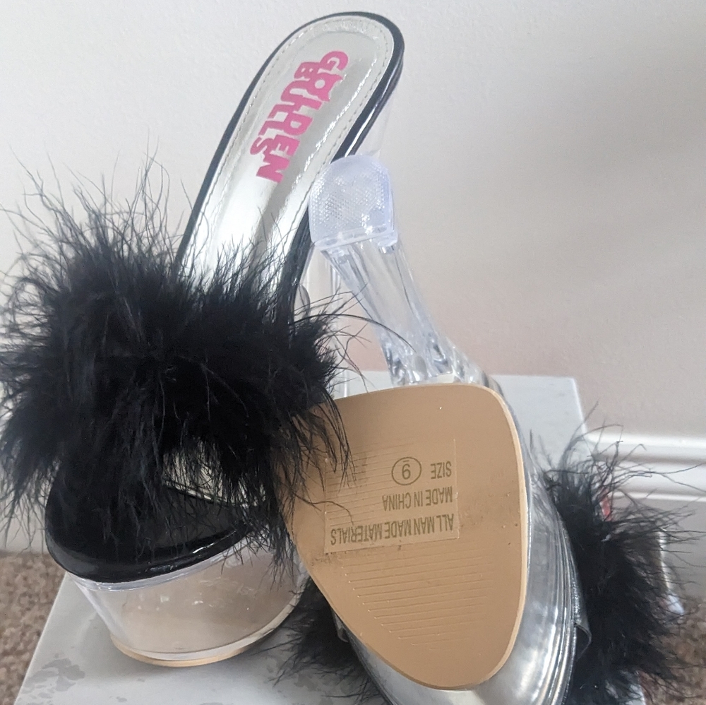 Black Feather Slide Mules with Clear Platform - Picture 3 of 3